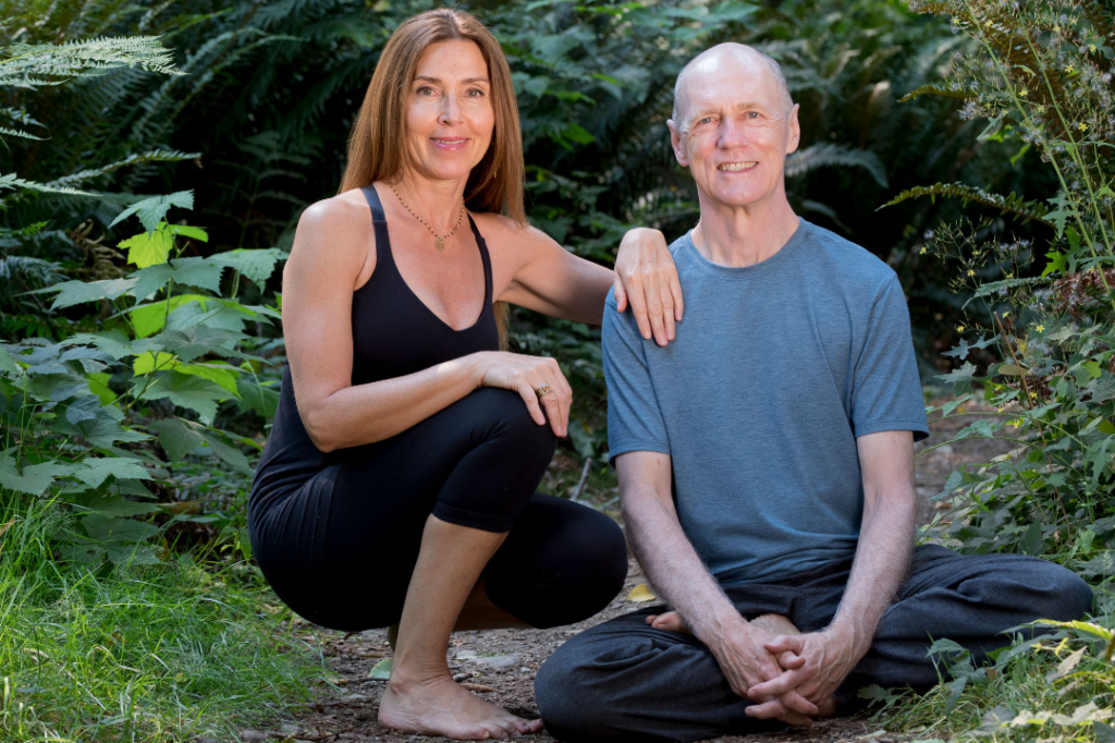 bernie clark and nathalie sitting in a forest. meditation revealed online course